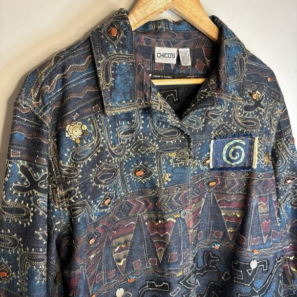 Chico's Embroidered Jacket XL Patchwork Stones Embellish Art to Wear Aztec Boho - Picture 3 of 16